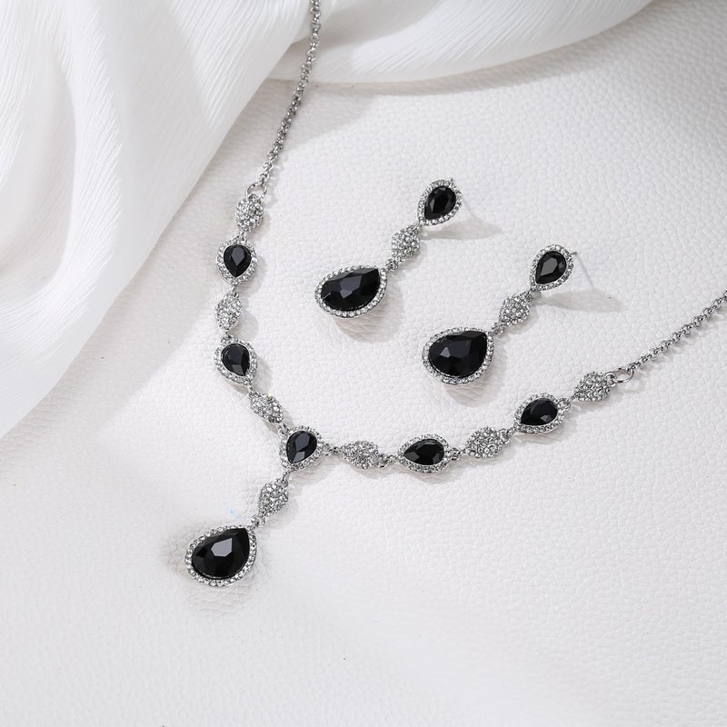 EleQueen Women's Cubic Zirconia Teardrop Y-Necklaces Dangle Earrings Sets for Brides Bridesmaids Black Silver-Tone - Image 3